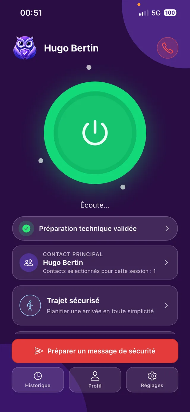 BeSafe with voice protection active (original French interface)