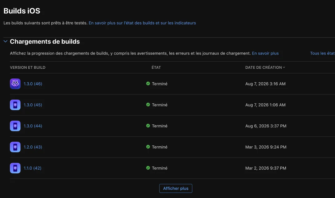 History of BeSafe builds uploaded to TestFlight