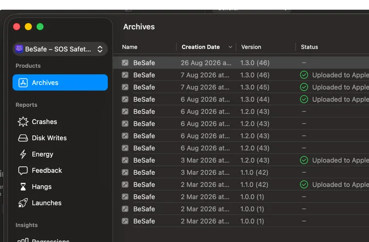 Real BeSafe archives in Xcode Organizer